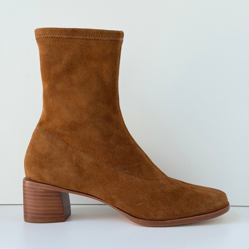 Reformation Louie Stretch Sock Boot Women 8.5 Brown Suede Square Toe Block Heel - Picture 4 of 13